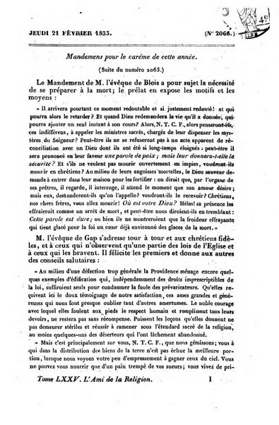 L'ami de la religion journal et revue ecclesiastique, politique et litteraire