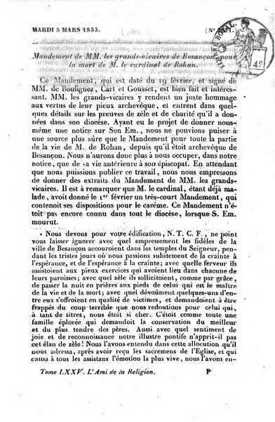 L'ami de la religion journal et revue ecclesiastique, politique et litteraire