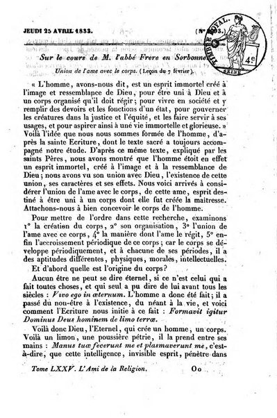 L'ami de la religion journal et revue ecclesiastique, politique et litteraire