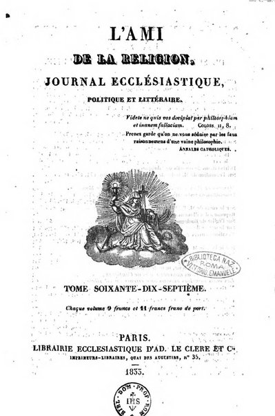 L'ami de la religion journal et revue ecclesiastique, politique et litteraire