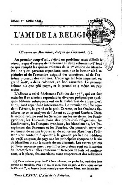 L'ami de la religion journal et revue ecclesiastique, politique et litteraire