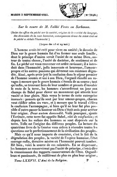 L'ami de la religion journal et revue ecclesiastique, politique et litteraire