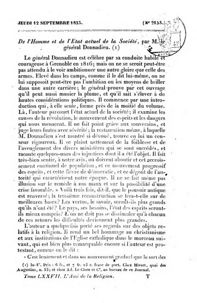 L'ami de la religion journal et revue ecclesiastique, politique et litteraire