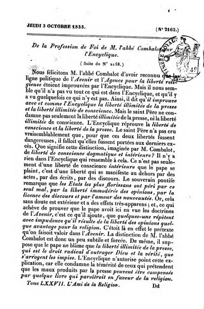 L'ami de la religion journal et revue ecclesiastique, politique et litteraire