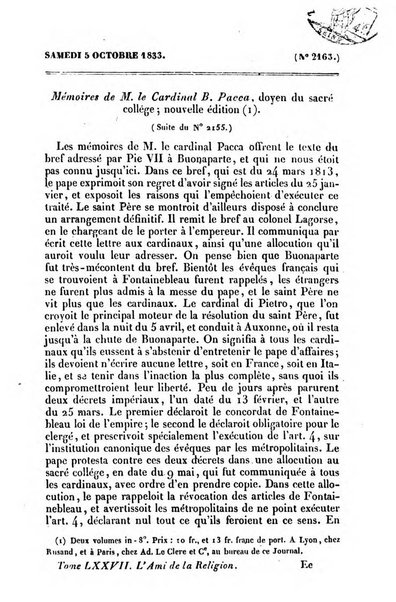 L'ami de la religion journal et revue ecclesiastique, politique et litteraire