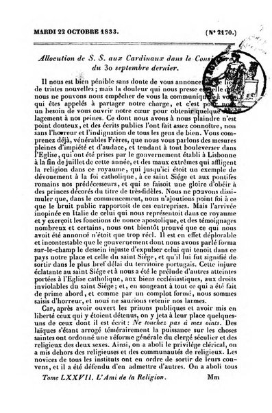 L'ami de la religion journal et revue ecclesiastique, politique et litteraire