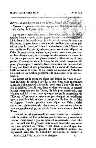 L'ami de la religion journal et revue ecclesiastique, politique et litteraire