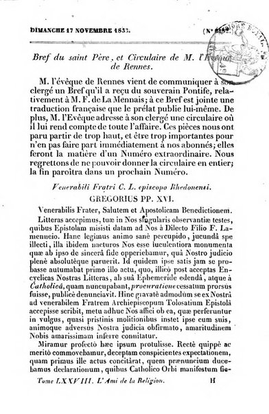 L'ami de la religion journal et revue ecclesiastique, politique et litteraire