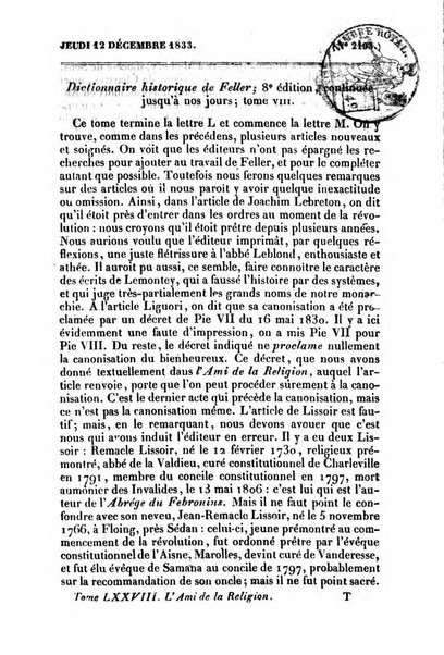 L'ami de la religion journal et revue ecclesiastique, politique et litteraire