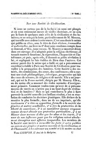 L'ami de la religion journal et revue ecclesiastique, politique et litteraire