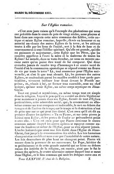 L'ami de la religion journal et revue ecclesiastique, politique et litteraire