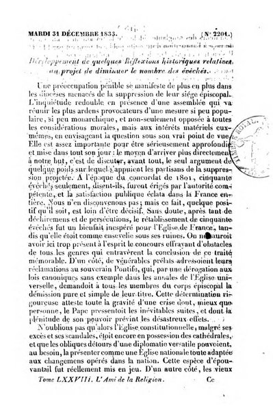 L'ami de la religion journal et revue ecclesiastique, politique et litteraire