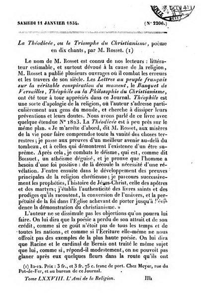 L'ami de la religion journal et revue ecclesiastique, politique et litteraire