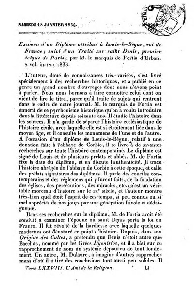 L'ami de la religion journal et revue ecclesiastique, politique et litteraire