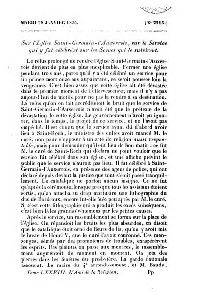 L'ami de la religion journal et revue ecclesiastique, politique et litteraire