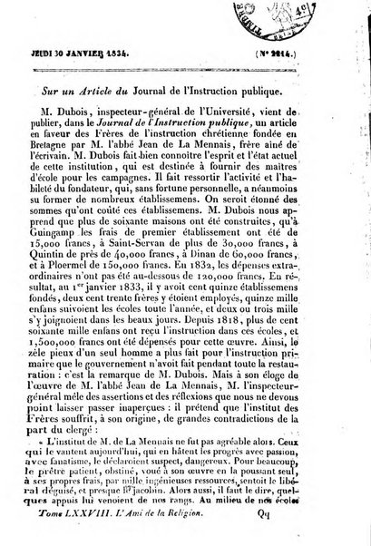 L'ami de la religion journal et revue ecclesiastique, politique et litteraire