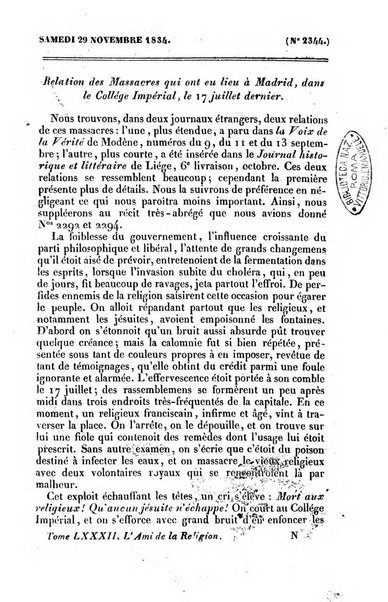 L'ami de la religion journal et revue ecclesiastique, politique et litteraire