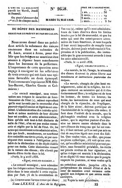 L'ami de la religion journal et revue ecclesiastique, politique et litteraire