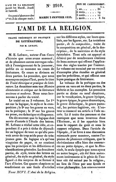 L'ami de la religion journal et revue ecclesiastique, politique et litteraire