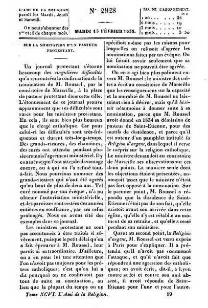 L'ami de la religion journal et revue ecclesiastique, politique et litteraire