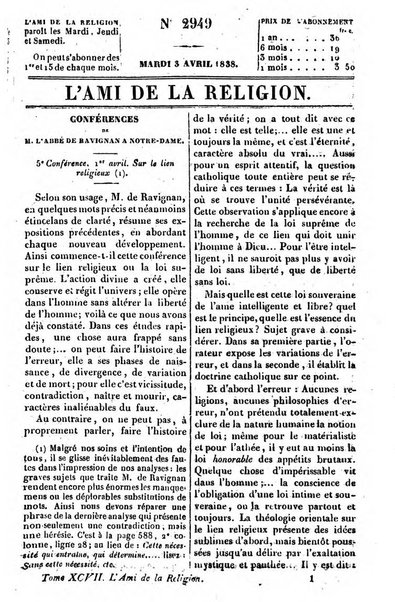 L'ami de la religion journal et revue ecclesiastique, politique et litteraire