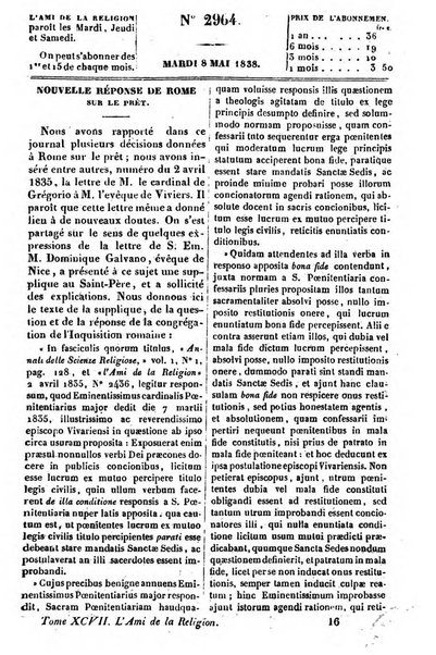 L'ami de la religion journal et revue ecclesiastique, politique et litteraire