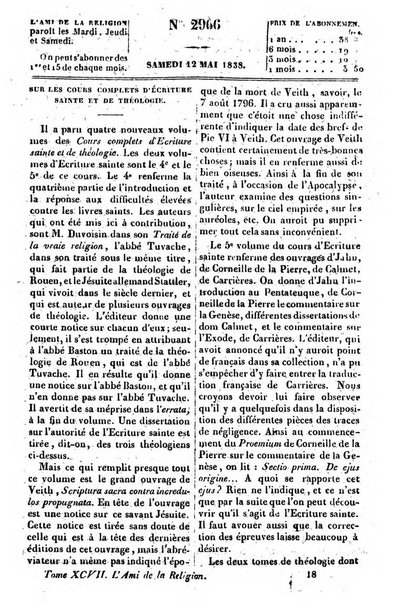 L'ami de la religion journal et revue ecclesiastique, politique et litteraire