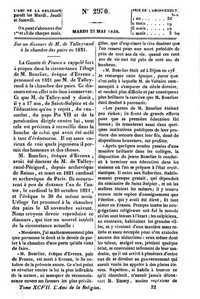 L'ami de la religion journal et revue ecclesiastique, politique et litteraire