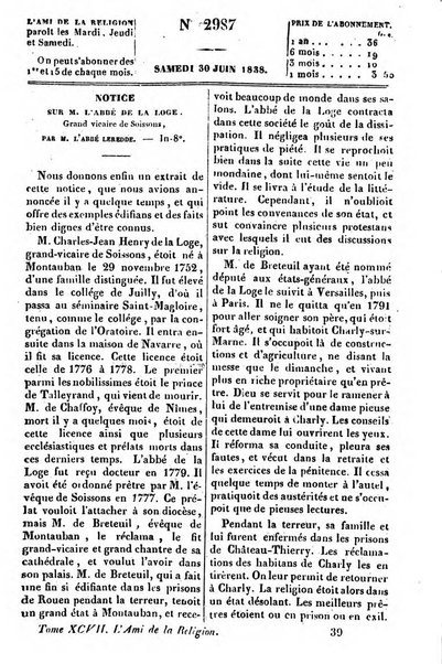 L'ami de la religion journal et revue ecclesiastique, politique et litteraire