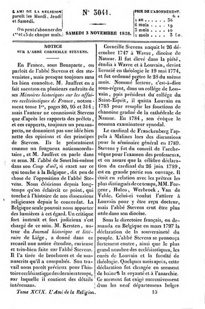 L'ami de la religion journal et revue ecclesiastique, politique et litteraire