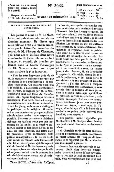 L'ami de la religion journal et revue ecclesiastique, politique et litteraire