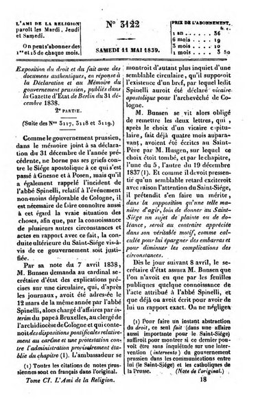 L'ami de la religion journal et revue ecclesiastique, politique et litteraire