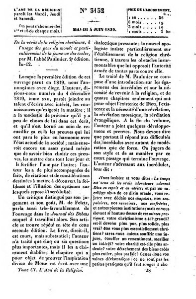 L'ami de la religion journal et revue ecclesiastique, politique et litteraire