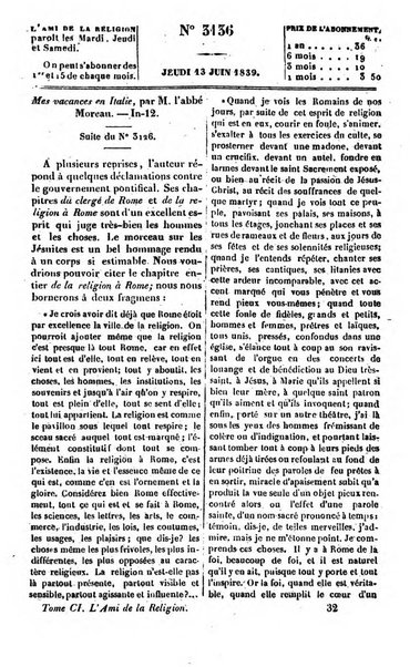 L'ami de la religion journal et revue ecclesiastique, politique et litteraire