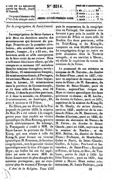 L'ami de la religion journal et revue ecclesiastique, politique et litteraire