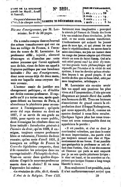 L'ami de la religion journal et revue ecclesiastique, politique et litteraire