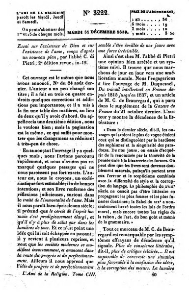 L'ami de la religion journal et revue ecclesiastique, politique et litteraire