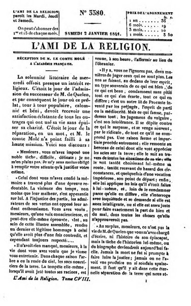 L'ami de la religion journal et revue ecclesiastique, politique et litteraire