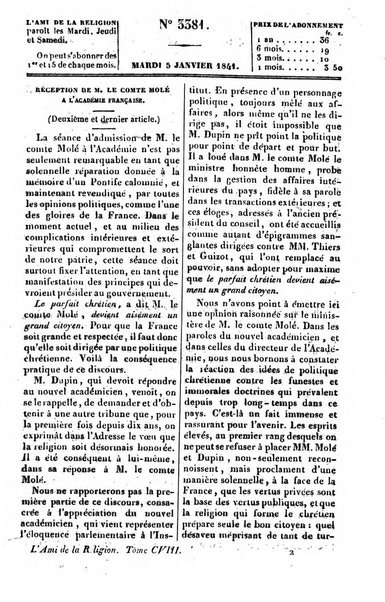 L'ami de la religion journal et revue ecclesiastique, politique et litteraire