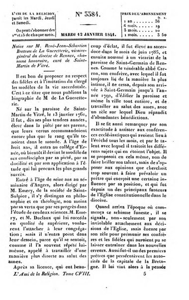 L'ami de la religion journal et revue ecclesiastique, politique et litteraire