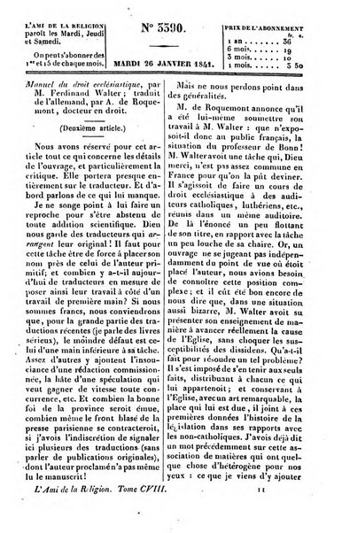 L'ami de la religion journal et revue ecclesiastique, politique et litteraire