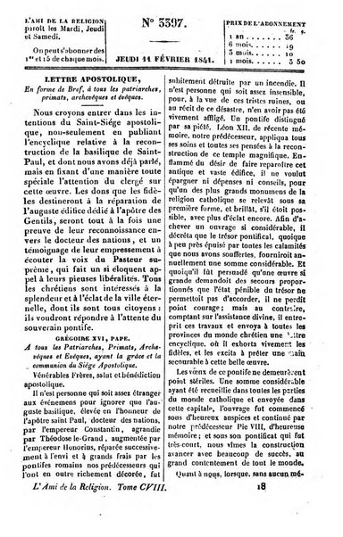 L'ami de la religion journal et revue ecclesiastique, politique et litteraire