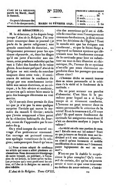 L'ami de la religion journal et revue ecclesiastique, politique et litteraire