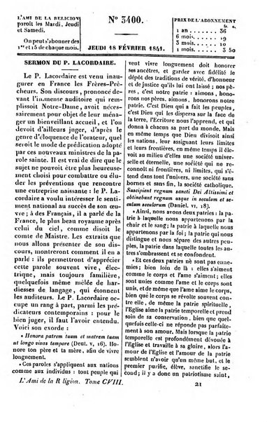 L'ami de la religion journal et revue ecclesiastique, politique et litteraire