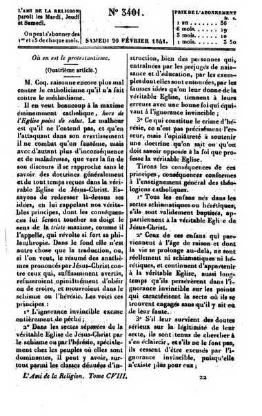 L'ami de la religion journal et revue ecclesiastique, politique et litteraire