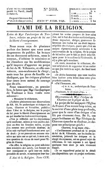 L'ami de la religion journal et revue ecclesiastique, politique et litteraire