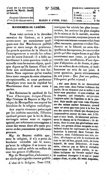 L'ami de la religion journal et revue ecclesiastique, politique et litteraire