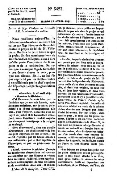 L'ami de la religion journal et revue ecclesiastique, politique et litteraire