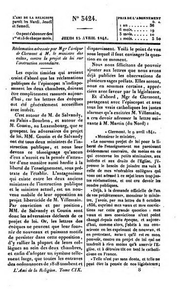 L'ami de la religion journal et revue ecclesiastique, politique et litteraire