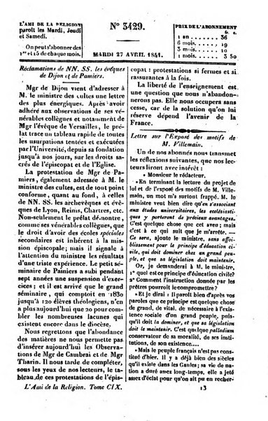 L'ami de la religion journal et revue ecclesiastique, politique et litteraire